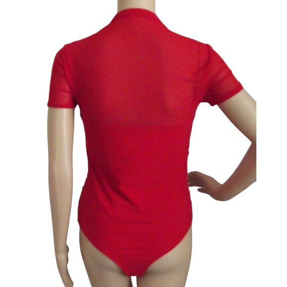 Reoria Bodysuit Womens Large Medium Red high mock neck Short Sleeve sheer ruched - Picture 2 of 13
